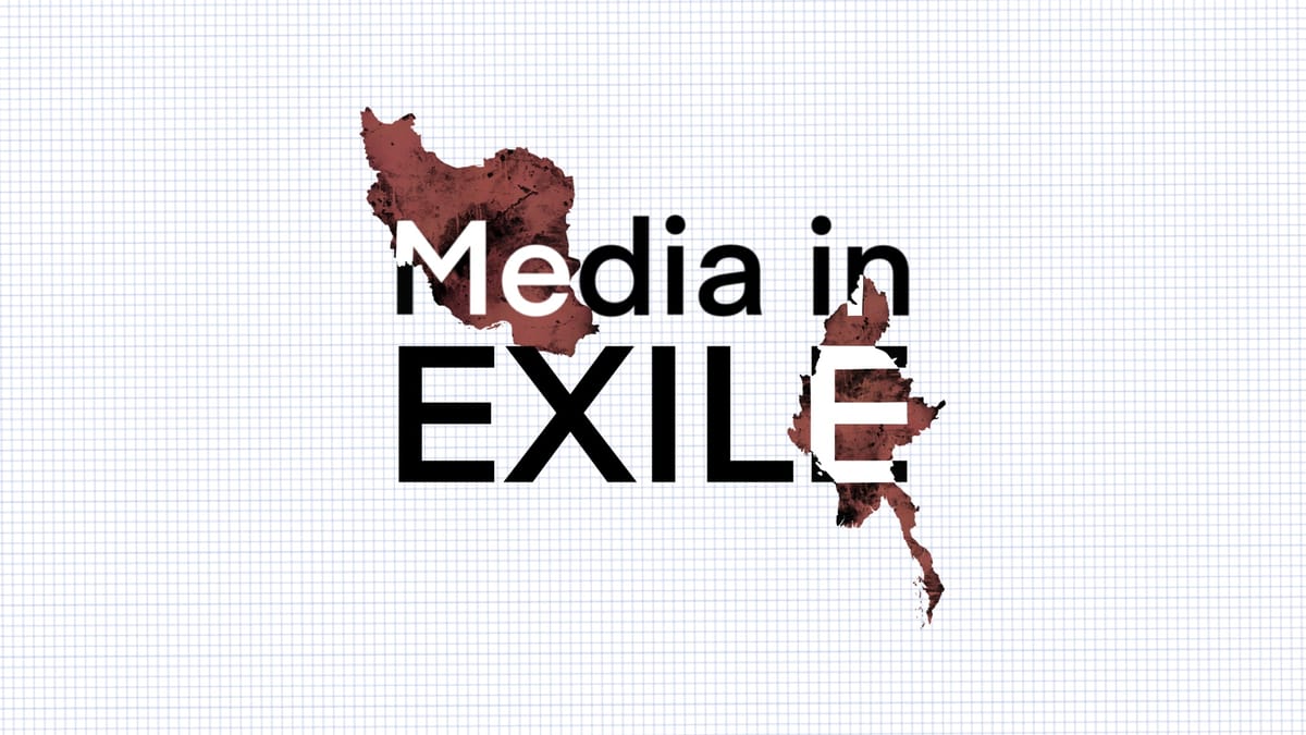 An illustration that reads 'Media in Exile' with an outline of the maps of Iran and Myanmar.