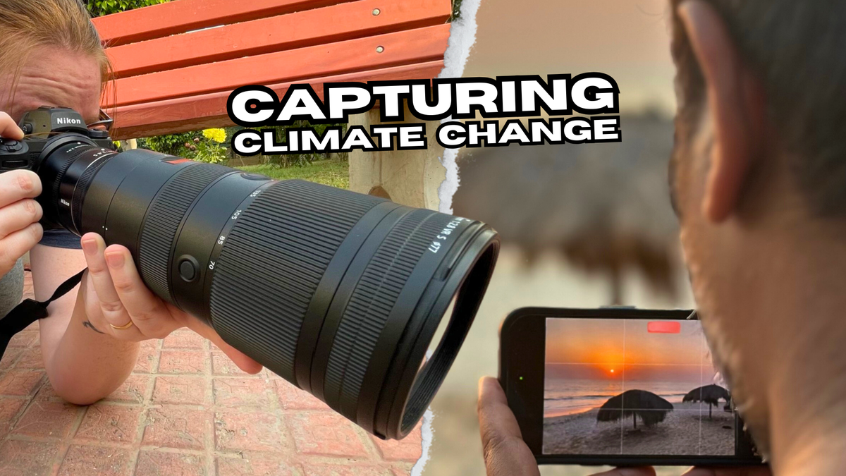 Collage of two journalists recording footage. Text on the image says "Capturing Climate Change"